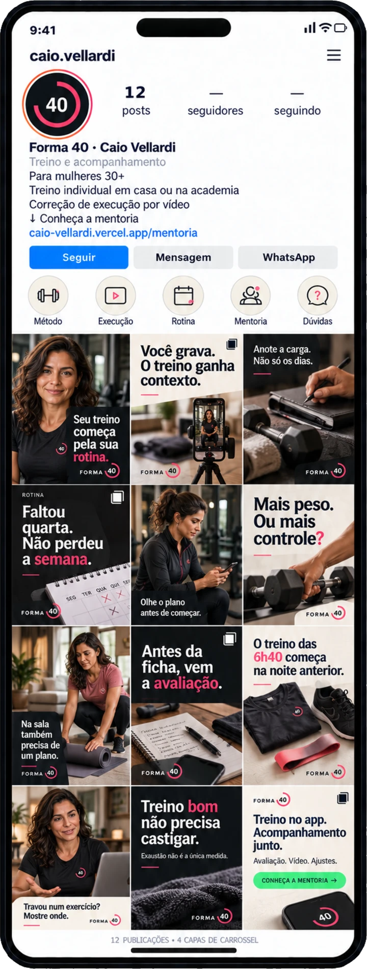 Prévia do perfil de Caio Vellardi · Forma 40 no Instagram, no celular: bio, destaques e a grade de posts.
